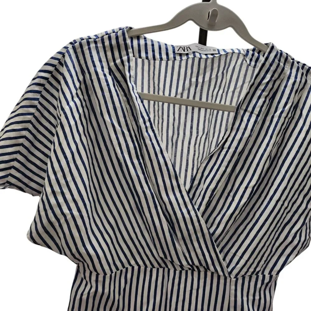 Zara Dress Small Blue White Striped Linen‎ Midi Side Slit Preppy Bloggers Fave